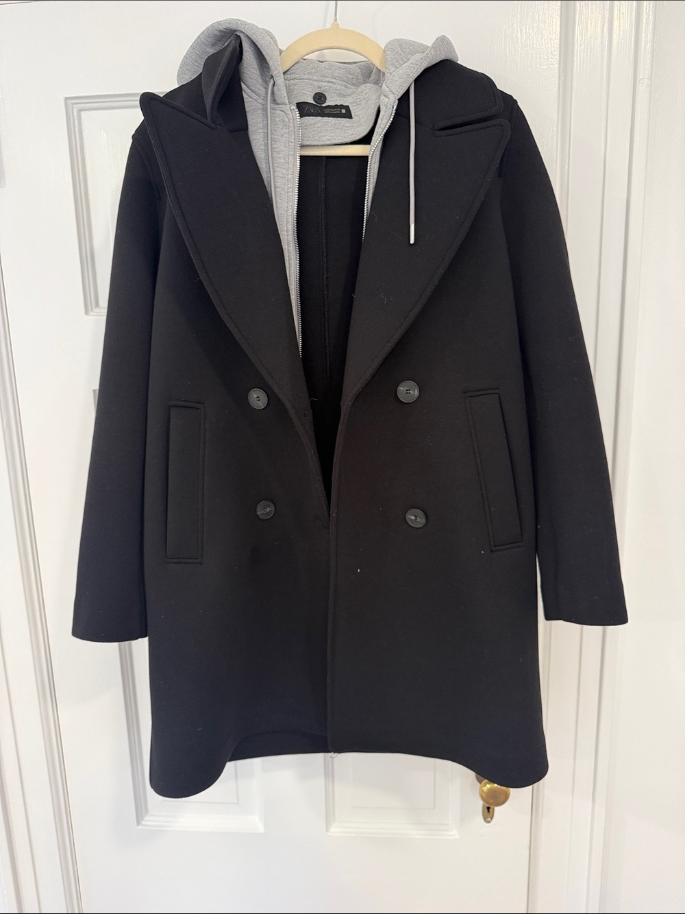 Zara Black Double-Breasted Pea Coat with Detachable Grey Hood size XS